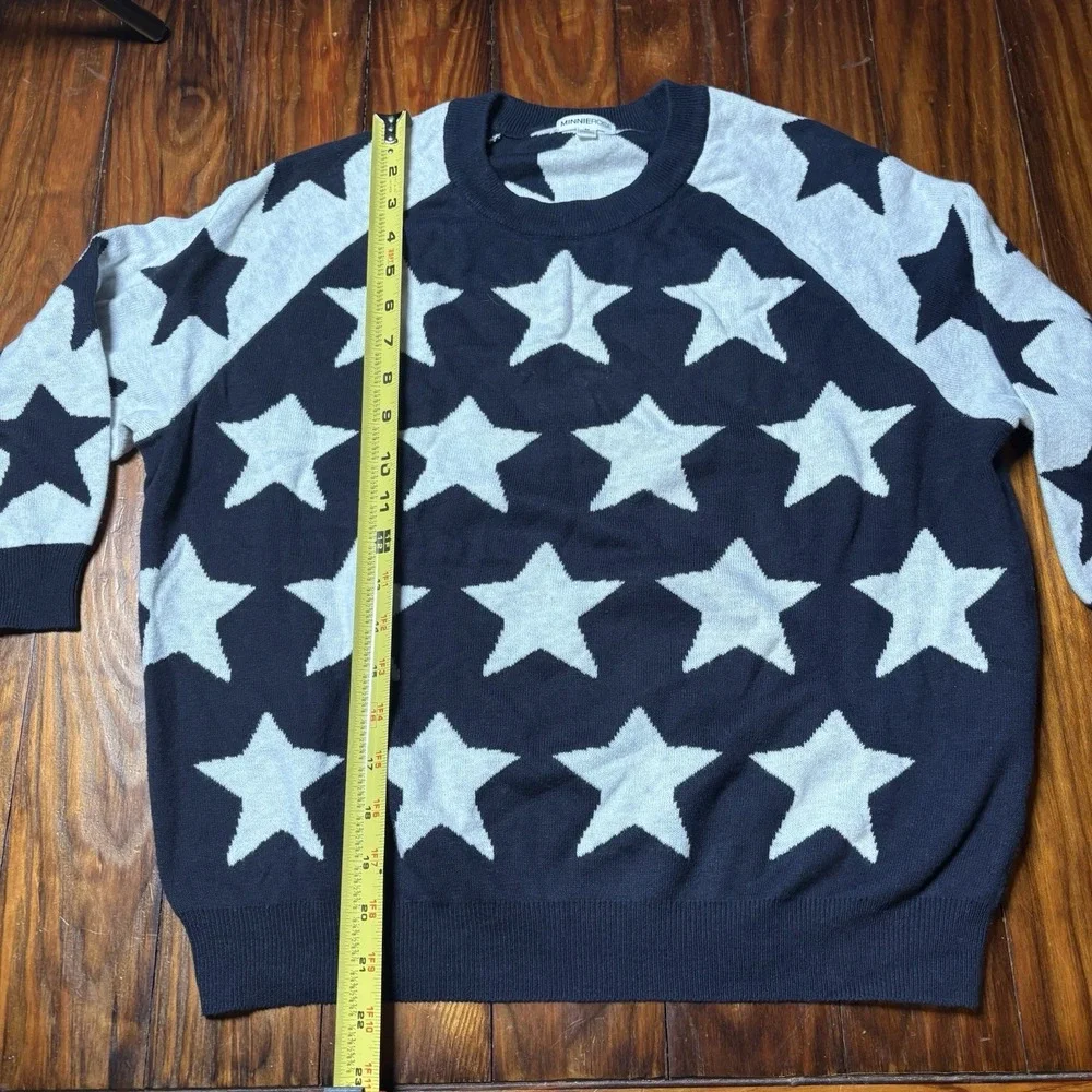 Minnie Rose Blue White Star Contrast Pullover Sweater Cashmere Blend Sz M A1827